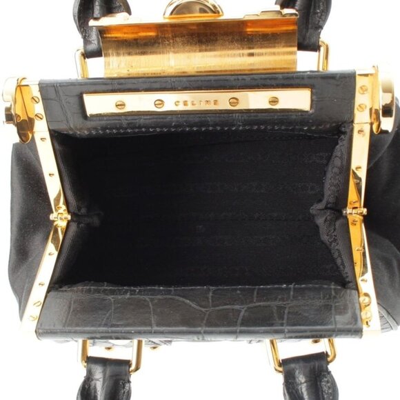 Celine Satin Leather Vintage Triomphe Clasp Croco Shape Press Mini Handbag Black - Picture 7 of 10